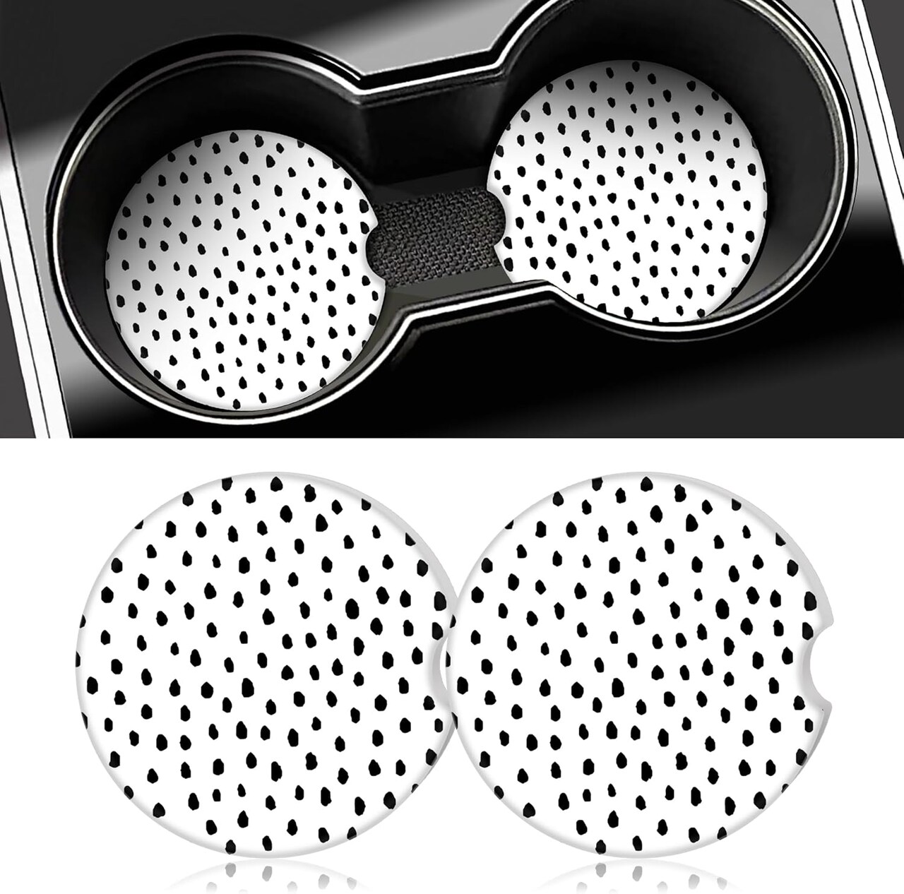White Polka Dots 2 PC Ceramic Car Coasters for Cup Holders,Tubdic Anti Slip Car Cup Holder Coaster,Super Absorbent Car Cup Coasters for car with Cork Base and Finger Notch,Cute Car Accessory for Women